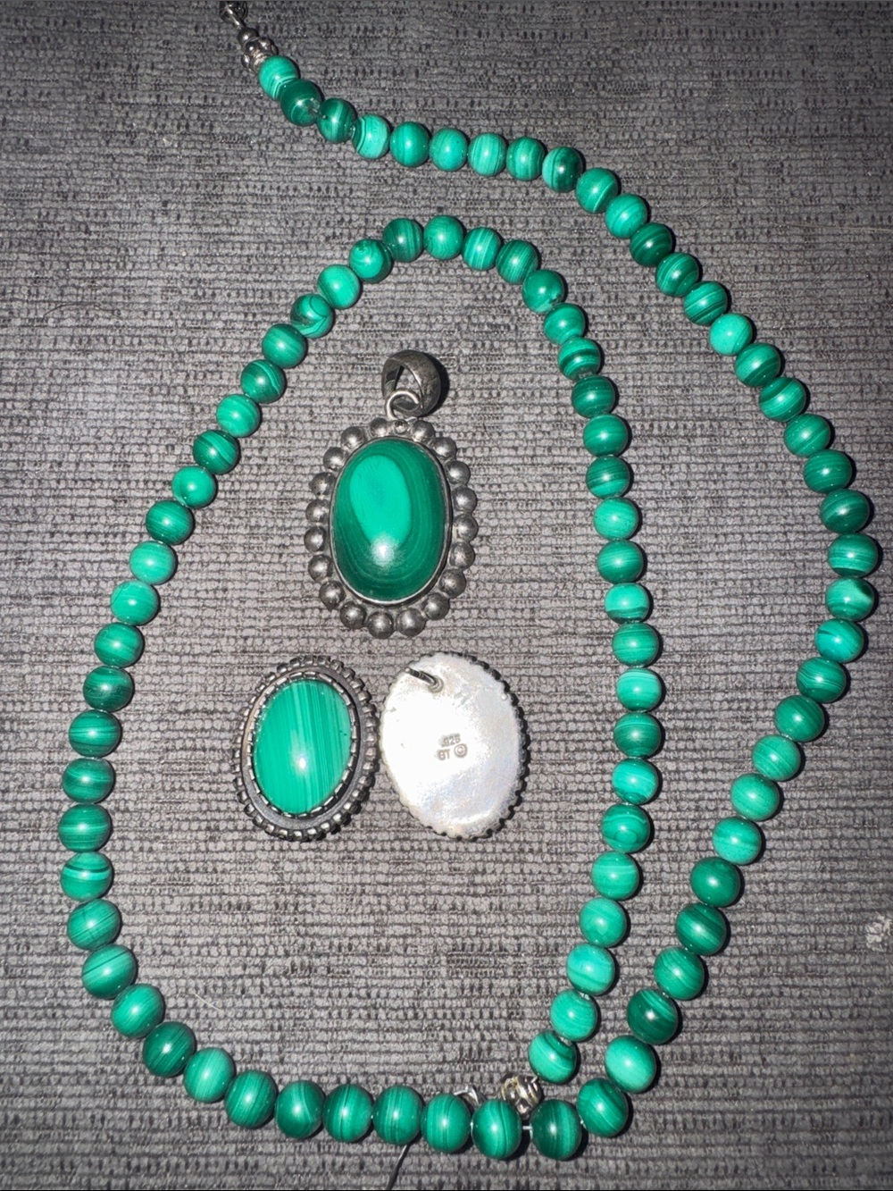 Vintage Mexico Malachite Sterling Silver Earrings & Pendant Set - Picture 2 of 3
